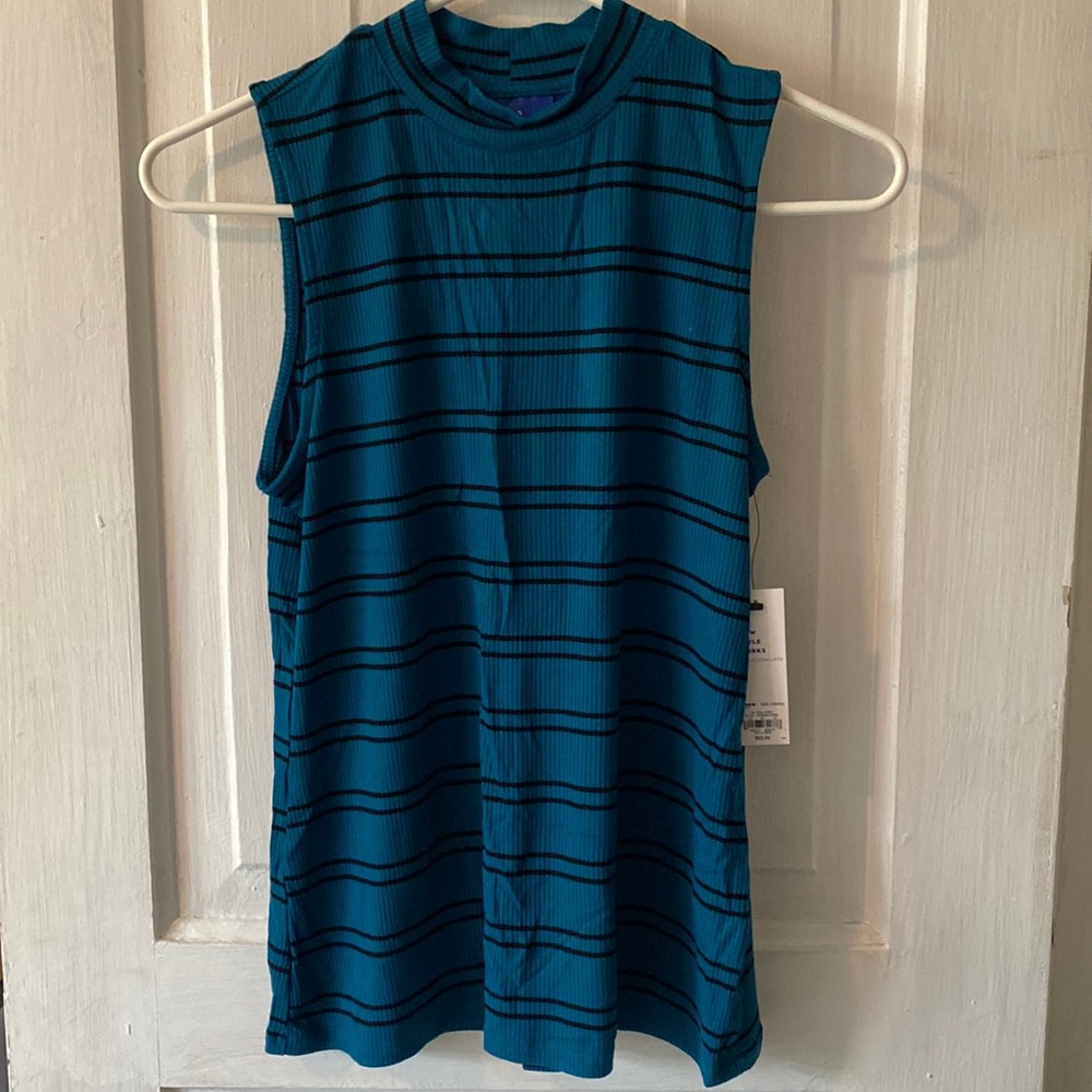 Blue and black striped faux turtle neck tank